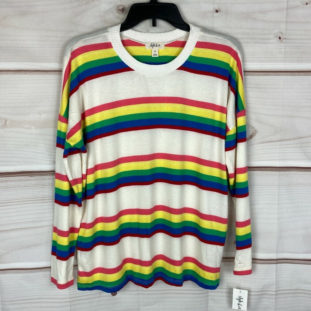 Style&Co Top Womens Medium‎ Rainbow Striped Long Sleeve Crew Neck Knit Shirt